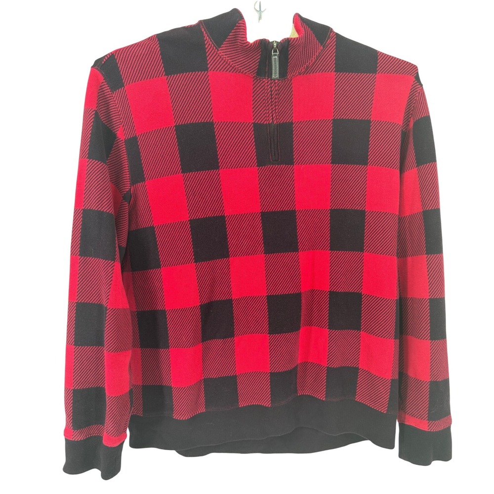 Lands End 1/4 Zip Sweater Fleece Buffalo Plaid Mens XL Red Black Pullover Jacket